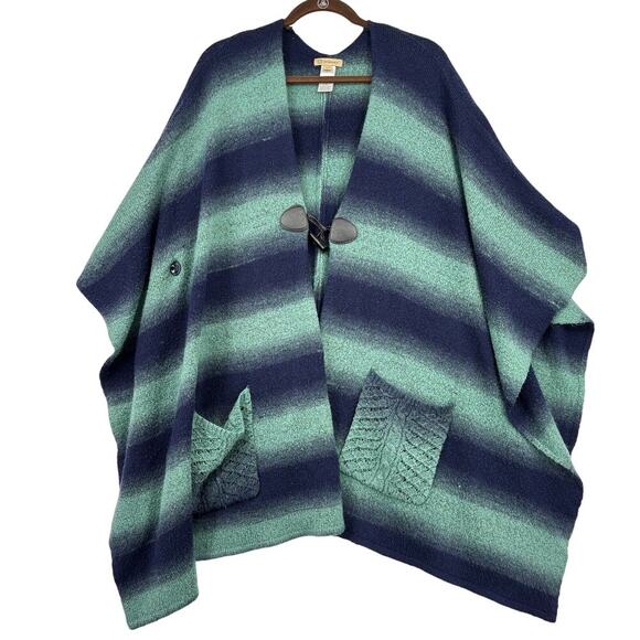 Democracy Poncho Sweater Size L/XL Blue Green Stripe Pockets Toggle Oversized - Picture 2 of 11